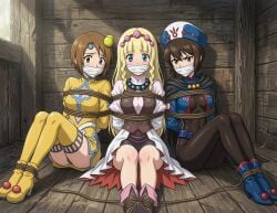 3girls ai_generated arms_tied_behind_back blonde_hair blue_eyes bondage bound_ankles brown_eyes brown_hair chloe_valens gag gagged looking_at_viewer norma_beatty over_the_mouth_gag shirley_fennes sitting_on_ground tales_of_(series) tales_of_legendia