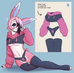 2024 belly_button black_panties black_thigh_highs black_underwear breasts bunny_ears clothes crop_top cropped_hoodie hoodie lagomorph legwear mammal paggi_outfit panties rabbit simple_background skull_print sparkles spoonycatt suggestive thigh_highs trap underboob underwear
