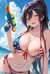 ai_generated american_flag_bikini bikini black_hair blush hair_between_eyes idolmaster idolmaster_shiny_colors in_water large_breasts looking_at_viewer milfhunter228 nipple_slip ocean open_mouth outdoors ponytail shirase_sakuya sky smile solo_female standing watergun wet_body yellow_eyes