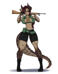 1girls abs big_breasts breasts chamilla clothed clothing deathclaw fallout female female_deathclaw female_only fully_clothed gun highres horns humanoid monster_girl muscular_female red_hair solo standing tippydoodles