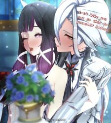 3d 3d_(artwork) arlecchino_(genshin_impact) bangs black_and_white_hair breasts_out censored columbina_(genshin_impact) dirty_talk female/female flower_censor fully_clothed fully_nude genshin_impact grabbing_from_behind hand_on_breast lesbian lesbian_sex long_hair penetration_from_behind purple_hair yuri