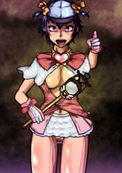 big_breasts blue_hair boob_window censored censored_pussy imminent_loss looking_at_viewer magical_girl_outfit oppaotintin persona persona_4 pointing_at_viewer pussy shirogane_naoto staff sweat textless thick_thighs