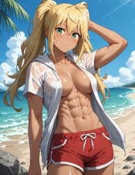 1girls 2026 abs ai_generated beach blonde_hair breasts cleavage closed_mouth cloud cowboy_shot dark-skinned_female dark_skin day dolphin_shorts dumbbell_nan_kilo_moteru? female female_only green_eyes gyaru hair_between_eyes hand_behind_head hi_res highres human looking_at_viewer medium_breasts muscular muscular_female navel no_bra ocean open_clothes open_shirt outdoors palm_tree red_shorts rock sakura_hibiki sand, shorts sky solo standing sweat toned toned_female twintails very_long_hair water wet white_shirt