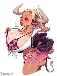 ass bella_(cowprintbimbo) belt bikini bikini_top bimbo bimbo_body bimbo_lips blonde_hair blue_eyes bovine_humanoid breasts breasts_bigger_than_head bubble_butt cleavage clothed cow_ears cow_girl cow_horns cow_print cow_print_bikini cow_tail cropped_jacket front-tie_top full_lips hourglass_figure huge_ass huge_breasts jacket lip_piercing lip_ring lips miniskirt ombre_hair pink_eyeshadow pink_hair pink_lipstick puffy_lips round_lips skirt stagbeetle thick_thighs thighs thin_waist two_tone_hair whale_tail_(clothing) wide_hips