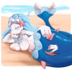 1:1 3_fingers absurd_res areola beach blue_eyes blue_hair blush blush_lines bodily_fluids breasts busty_feral disembodied_hand female female_feral feral fin fingers gem generation_7_pokemon genitals hair hi_res inverted_nipples lying navel nintendo nipples on_side pearl_(gem) pink_areola pink_nipples pokemon pokemon_(species) primarina psychostars solo spikes spikes_(anatomy) sweat sweatdrop tail tail_fin unimpressed vulva