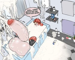 2021 5:4 anthro athletic athletic_anthro avian balls bathroom bathtub beak big_balls big_penis bird blush bodily_fluids cum cum_bath cum_in_hair cum_on_ceiling cum_on_feathers cum_on_furniture cum_on_ground cum_on_self cum_on_wall cum_pool cum_string dialogue ejaculation english_text erection excessive_cum excessive_genital_fluids eyewear feathers flamie_(marvolk) genital_fluids genitals glans glasses hair huge_balls huge_penis hyper hyper_balls hyper_genitalia hyper_penis inside male marvolk messy orgasm partially_submerged penis red_feather red_hair scutes shampoo_bottle solo speech_bubble text throbbing tongue tongue_out vein veiny_penis window