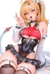 1girl ahoge ai_generated artist_name bangs bare_shoulders black_thighhighs blonde_hair blush breasts choker cissia_(zenless_zone_zero) covered_navel demon_tail detached_sleeves ear_piercing fellatio_gesture frills hair_ornament hair_ribbon highleg large_breasts leotard long_hair long_sleeves looking_at_viewer microskirt nuageeart open_mouth piercing questionable red_eyes saliva sensitive side_ponytail simple_background sitting skindentation skirt solo sweat tail thigh_strap thighhighs thighs tongue tongue_out underboob white_background zenless_zone_zero