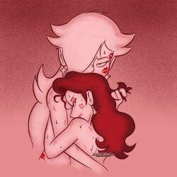 brandon_santiago_(artist) holding_partner kiss_mark lesbian looking_at_viewer looking_back mario_(series) pauline pauline_(mario) rosalina sweat sweating sweaty_female yuri