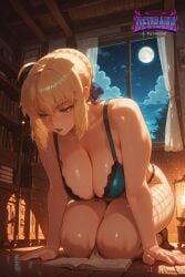 1girl ahoge ai_generated artoria_pendragon artoria_pendragon_(all) blonde_hair blush blushing blushing_at_viewer blushing_female bow bra breasts cleavage collarbone deurahh eyebrows_visible_through_hair fate/stay_night fate/zero fate_(series) full_moon green_eyes hair_ribbon hi_res highres imminent_anal imminent_fellatio imminent_oral imminent_penetration imminent_sex lace looking_at_viewer medium_breasts moon navel night night_sky panties pov pov_eye_contact ribbon saber seductive sexy sidelocks sky solo standing steam steaming_body sweat sweaty_body uncensored underwear underwear_only unseen_male_face voluptuous voluptuous_female
