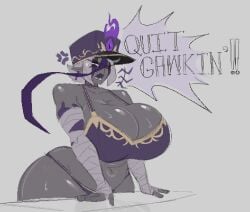 1girl 1girls cleavage dark-skinned_female elf_ears gigantic_breasts huge_breasts sewerseraph simple_background tagme text wide_hips