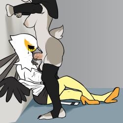 1:1 absurd_res accipitriform against_surface against_wall aggretsuko anthro avian bird breasts celeste_the_nun_rabbit_(character) clothed clothing corruption duo fellatio female footwear genitals gynomorph gynomorph/female hexecat hi_res high_heels intersex intersex/female lagomorph leporid mammal mind_break oral oral_penetration penetration penile penis rabbit sanrio secretary_bird secretary_washimi sex shoes skimpy