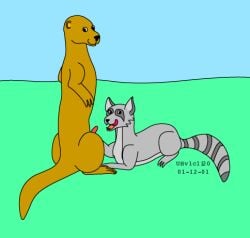 2001 ambiguous_gender blue_sky brown_body brown_fur dated day erection feral fur genitals grass green_grass grey_body grey_fur imminent_oral looking_at_viewer looking_back looking_back_at_viewer low_res male male/ambiguous mammal mustelid otter outside penis plant procyonid raccoon red_penis simple_background sky smile smiling_at_viewer tail teeth urbanhermit