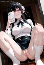 1girl ai_generated bangs black_hair black_skirt blush breasts button_gap cellphone collared_shirt drooling flower grin hair_flower hair_ornament hairband holding holding_phone large_breasts long_hair looking_at_viewer mirror neck_ribbon no_panties phone pleated_skirt pussy pussy_juice red_eyes renalia rose saliva selfie shirt sidelocks skirt skirt_lift smartphone smile socks solo spread_legs spy_x_family squatting thighs torn_clothes uncensored white_shirt white_socks yor_forger
