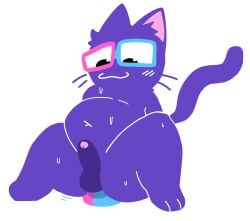 2026 3_toes :3 anthro balls belly biggreenie blush bodily_fluids butt dildo dildo_sitting domestic_cat erection eyewear feet felid feline felis foreskin fur genitals glans glasses humanoid_genitalia humanoid_penis inner_ear_fluff kaykay_(planet_clue) male mammal motion_lines navel nonbinary_(lore) overweight overweight_male penetration penis planet_clue pointy_ears prick_ears purple_body purple_fur rectangular_glasses sex_toy simple_background spread_legs spreading sweat sweatdrop tail toes tuft wearing_glasses whiskers white_background youtuber