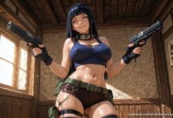 1girls abs ai_generated ass_visible_through_thighs bangs bare_shoulders belt black_gloves black_hair black_shorts blunt_bangs blush breasts cleavage covered_nipples cowboy_shot crop_top dual_wielding fingerless_gloves gloves grin gun handgun hinata_hyuuga holding holding_gun holding_weapon holster hyuuga_hinata indoors kermixx large_breasts long_hair looking_at_viewer midriff naruto_(series) navel patreon_username pouch purple_eyes shiny shiny_skin short_shorts shorts skindentation smile solo standing stomach sweat tank_top thighhighs toned watermark weapon web_address wet window