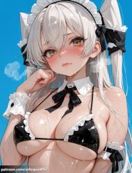 1girl ai_generated amatsukaze_(kantai_collection) arlequin097 bare_shoulders bikini black_bikini black_ribbon blue_background blush breasts brown_eyes closed_mouth collarbone covered_nipples detached_collar frilled_bikini frills grey_hair hair_between_eyes hand_up kantai_collection large_breasts lips long_hair looking_at_viewer maid maid_bikini maid_headdress neck_ribbon ribbon shiny_skin simple_background skindentation solo string_bikini sweat swimsuit two_side_up unconventional_maid underboob upper_body wet white_hair wrist_cuffs