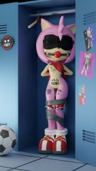 3d amy_rose ball_gag bdsm blindfold body_writing bondage drooling hands_behind_back legs_tied locker locker_bondage one_breast_out pants_down pussy_juice ssmerchant tally_marks