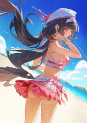 1girls ass beach black_hair chisa_(wuthering_waves) female long_hair medium_breasts official_alternate_costume pink_swimsuit red_eyes see-through_clothing see-through_swimsuit sideboob swimsuit wuthering_waves