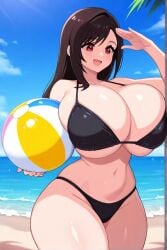 ai_generated beach beach_ball bikini brown_hair female final_fantasy final_fantasy_vii huge_breasts long_hair tifa_lockhart