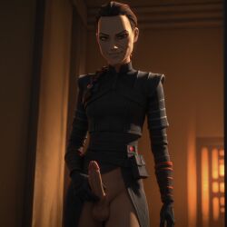 ai_generated cowboy_shot dickgirl fennec_shand hand_on_penis presenting single_braid standing star_wars