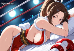 1girl ai_generated anime anime_style artist_name bare_shoulders blush breasts brown_eyes brown_hair capcom cleavage closed_mouth fatal_fury fatal_fury:_city_of_the_wolves fatal_fury_2 fatal_fury_the_motion_picture hentai hi_res high_ponytail japanese_clothes king_of_fighters large_breasts long_hair looking_at_viewer lying mai_shiranui mystic_maidens ninja on_side on_stomach parted_bangs patreon patreon_username pelvic_curtain pillow ponytail revealing_clothes rope sash sideboob smile snk solo street_fighter street_fighter_6 sweat thighs