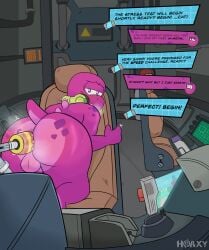 absurd_res anal anal_penetration anthro backsack balls bent_over big_butt butt detailed_background dialogue dinosaur electronics english_text gameoverse genitals glitch_productions gobbles_(gameoverse) headphones hi_res hoaxy huge_butt inside lube lube_in_ass machine male penetration pink_body prehistoric_species presenting rear_view reptile scalie sex_toy short_tail solo tail text vibrating