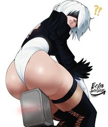 1girls absurd_res artist_name ass bangs black_legwear blindfold blush breasts echosaber feather_trim feathers female hi_res highleg highleg_leotard leotard lips long_sleeves looking_back medium_breasts nier:_automata nier_(series) parted_lips pod_(nier) puffy_sleeves robot shiny shiny_skin short_hair signature simple_background sitting thighhighs thighs white_background yorha_2b