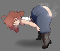 amber_(vammzu) bending_forward bending_over boots denim_clothing exposed_ass freckles freckles_on_ass freckles_on_face hands_on_knees large_ass looking_back massive_ass pigtails red_hair redhead ripped_clothing ripped_jeans ripped_pants solo solo_female solo_focus tagme tied_shirt tiptoes vammzu