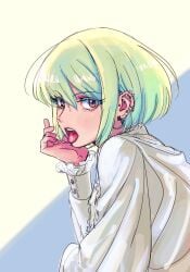 1boy 1femboy after_fellatio after_oral androgynous blonde_hair bob_cut clothed clothing cum cum_in_mouth cum_on_tongue ear_piercing earring face_focus femboy femboy_only feminine_faced_male feminine_male half-closed_eyes lio_fotia looking_at_viewer petite petite_body petite_male pierced_ear piercing pov promare seductive seductive_look short_hair short_male slim slim_male slim_waist solo suggestive_gesture suggestive_look suggestive_pose thin_waist twink