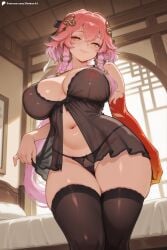 ai_generated babydoll bangs big_breasts braided_bangs changli_(wuthering_waves) from_below gradient_arms gradient_hair hair_bow hair_ornament mommy multicolored_hair nightdress pink_hair seductive_smile solo solo_female standing stockings stoker_ai visible_nipples white_hair wuthering_waves yellow_eyes