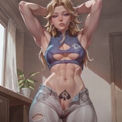 1girl abs ai_generated armpit_fetish armpits arms_up blonde blonde_female blonde_hair blue_eyes cleavage clitoral_hood clitoris crop_top day daylight denim denim_jeans earrings eyebrows eyelashes falewii fantastic_four female female_focus fit fit_female indoors invisible_woman invisible_woman_(marvel_rivals) looking_at_viewer marvel marvel_comics marvel_rivals medium_breasts medium_hair navel no_panties partially_clothed plant pubic_tattoo pussy pussy_lips pussy_peek qos_tattoo queen_of_spades queen_of_spades_symbol queen_of_spades_tattoo ribs ripped_jeans self_upload stomach sue_richards sue_storm sweat sweatdrop sweaty_body tattoo tattoo_on_belly tattoo_on_body tits toned toned_female underboob undressing
