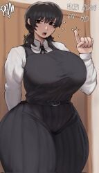 1girls bangs belt big_ass big_breasts black_eyes black_hair blush breasts chainsaw_man clothing collared_shirt curvy curvy_figure female female_only fully_clothed huge_breasts large_breasts light-skinned_female light_skin long_hair looking_at_viewer miri_adam mitaka_asa open_mouth school_uniform shirt tagme thick_thighs thighs white_shirt wide_hips