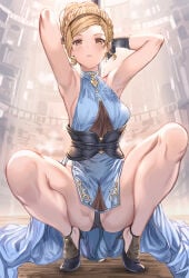 1girls aldehyde ass black_panties black_underwear blonde blonde-haired_female blonde_female blonde_hair blue_dress breasts brown_eyes commentary_request djeeta_(granblue_fantasy) dress female granblue_fantasy medium_breasts official_alternate_costume panties pantyshot pantyshot_(squatting) short_hair squatting underbust underwear variant_set