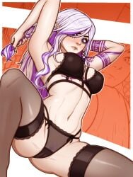 1girls ashe_(venzari) braid braided_hair choker ear_piercing earrings elf lingerie lip_ring long_hair nose_piercing nose_ring pubic_hair pubic_tuft purple_eyes purple_hair runny_makeup runny_mascara tagme tattoo tattoo_on_arm tattoo_on_chest tattooed_arm tattoos two-tone_hair white_hair witch zyxdraws