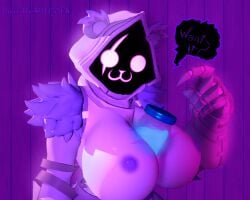 3d_(artwork) 5:4 anthro bear big_breasts breasts chug_jug clothed clothing container davethew0lfnsfw dialogue digital_media_(artwork) epic_games female fortnite gesture hand_gesture hi_res holding_with_breast hood jar mammal pointing purple_eyes raven_team_leader solo speech_bubble text topless topless_female