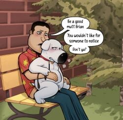anal anal_penetration anonpupb anthro anthro_penetrated bdsm bench blush bodily_fluids bottomwear brian_griffin canid canine canis chair_position clenched_teeth clothed clothed_sex clothing collar dialogue digital_media_(artwork) domestic_dog dominant dominant_human duo english_text family_guy forced from_behind_position from_front_position fur genital_fluids glenn_quagmire hi_res holding_leash holding_object human human_on_anthro human_penetrating human_penetrating_anthro interspecies larger_human leash looking_back male male/male male_penetrated male_penetrating male_penetrating_male mammal narrowed_eyes open_mouth outside_sex pants park park_bench penetration penile penile_penetration public public_sex rape sex shirt size_difference smaller_anthro smaller_penetrated speech_bubble stealth_sex submissive submissive_anthro tail teeth text topwear white_body white_fur