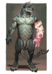 alpha_channel amputee anthro balls belly disability dragon featureless_chest flaccid foreskin front_view genitals hi_res horn humanoid_genitalia humanoid_penis magic magic_arm magic_user male male_anthro missing_arm muscular muscular_anthro muscular_male mythological_creature mythological_scalie mythology nude_anthro nude_male pecs penis roamingthrough scalie solo spikes spikes_(anatomy) standing