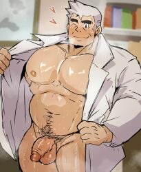 balls bara flaccid kaeru333938123 labcoat labcoat_only male male_only muscles muscular musk nintendo penis pokemon professor_oak solo solo_male sweat sweating
