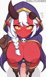 1boy 1girls ai_generated big_breasts blush brawl_stars demon_willow_(brawl_stars) looking_at_viewer masturbation shy small_penis viewed_from_above willow_(brawl_stars)