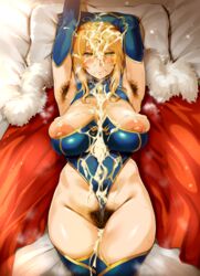 1girls 2020 absurdres after_fellatio after_oral after_sex after_vaginal areolae armpit_hair armpits arms_up artoria_pendragon artoria_pendragon_(lancer) blonde_armpit_hair blonde_hair blonde_pubic_hair blush breasts bukkake cape cleavage colored_armpit_hair colored_pubic_hair covered_navel crown cum cum_in_pussy cum_inside cum_on_body cum_on_breasts cum_on_clothes cum_on_face cum_on_hair cum_on_lower_body cum_on_upper_body detached_sleeves excessive_pubic_hair facial fate/grand_order fate_(series) female female_pubic_hair green_eyes hero_neisan high_resolution highres huge_nipples large_areolae large_breasts leotard long_hair looking_at_viewer lying navel nipples on_back on_bed partially_visible_vulva pillow pubic_hair red_cape stray_pubic_hair sweat sweatdrop thick_thighs thighhighs thighs