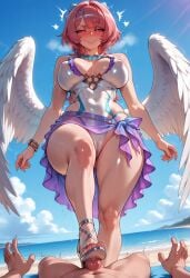 1boy 1girl ai_generated angel_wings artist_name bare_shoulders beach blush bracelet breasts cameltoe covered_navel covered_nipples day feathered_wings feet femdom footjob grin hair_ornament heart hetero hoyoverse jewelry large_breasts legs long_hair looking_at_viewer mihoyo nail_polish necklace one-piece_swimsuit outdoors patreon patreon_username penis pink_hair remielle_(zenless_zone_zero) remielle_dan remielle_dan_(seashade_pas_seul) sandals sarong sky smile solo_focus stepped_on swimsuit tagme_(artist) thighs toenail_polish toenails toes trembling white_one-piece_swimsuit white_wings wings zenless_zone_zero