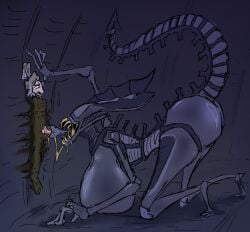algob4v alien alien_(franchise) alien_girl alien_humanoid bav big_ass big_breasts blowjob concerned long_tongue massive_ass massive_breasts oral oral_penetration oral_sex stuck stuck_in_wall tail trapped vab_(bav)