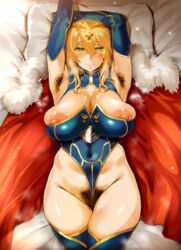 1girls 2020 absurdres areolae armpit_hair armpits arms_up artoria_pendragon artoria_pendragon_(lancer) blonde_armpit_hair blonde_hair blush breasts cape cleavage colored_armpit_hair colored_pubic_hair covered_navel crown detached_sleeves excessive_pubic_hair facial fate/grand_order fate_(series) female female_pubic_hair green_eyes hero_neisan high_resolution highres huge_nipples large_areolae large_breasts leotard long_hair looking_at_viewer lying navel nipples on_back on_bed partially_visible_vulva pillow pubic_hair red_cape stray_pubic_hair sweat sweatdrop thick_thighs thighhighs thighs