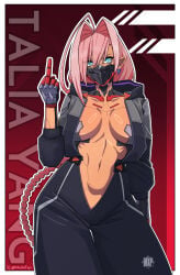 1girls blue_eyes color cyberpunk:_edgerunners cyberpunk_2077 cyberpunk_girl cyborg cyborg_girl female female_focus female_only hi_res long_hair looking_at_viewer mule_express pink_hair slim_waist solo solo_female talia_yang tan_body tan_skin thick_thighs