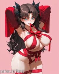 1girl ai_generated bikini blue_eyes bowties brown_hair fate_(series) huge_breasts large_breasts long_hair nymia red_bikini ribbon_bondage rin_tohsaka shiny_skin smile solo thick_thighs wide_hips