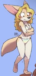 anthro bikini bikini_bottom bikini_top blonde_hair blush embarrassed embarrassed_expression embarrassed_female fox fox_ears fox_girl fox_tail fur furry mistersnek nervous paws penny_fenmore tail wplace wplace_(artwork) yellow_eyes