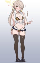 1girls alternate_costume amesuku_gyaru animal_print arm_at_side belt black_shoes black_skirt black_thighhighs blonde_hair blue_archive blush bracelet breasts earrings flying_sweatdrops full_body gold_bracelet gold_earrings grey_background gyaru halo heart hifumi_(blue_archive) hoop_earrings jewelry leopard_print leopard_print_bra leopard_print_panties long_hair looking_to_the_side low_twintails medium_breasts microskirt midriff mitsuame_miiro navel necklace nervous open_clothes open_shirt panties parted_lips shirt simple_background skirt solo standing thighhighs thighs tied_shirt twintails v white_belt white_shirt yellow_eyes yellow_halo