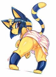 2021 absurd_res animal_crossing ankha anthro ass barefoot clothed clothing felid feline felis female fur furry furry_only genitals hair hi_res looking_at_viewer looking_back mammal nintendo no_underwear partially_clothed purple_eyes pussy signature simple_background solo tail tamanosuke thick_thighs video_games yellow_body yellow_fur