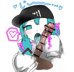 1boy 1girl alternate_hairstyle aqua_eyes aqua_hair aqua_tongue artist_request bar_censor baseball_cap black_hat blush censored censored_penis dark-skinned_male dark_skin handjob hat hatsune_miku heart hetero hoodie interracial large_penis licking_penis long_penis long_sleeves looking_at_viewer male_pov mv_character penis pov precum short_hair simple_background sleeves_past_fingers sleeves_past_wrists solo spoken_heart tongue_out vocaloid white_background white_hoodie