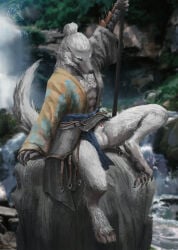 419667 animal_genitalia anthro balls canid canine canis clothing digitigrade fur genitals guangzhi hair hi_res male male_anthro mammal outside pawpads paws penis penis_tip rock sheath sitting solo white_body white_fur white_hair wolf